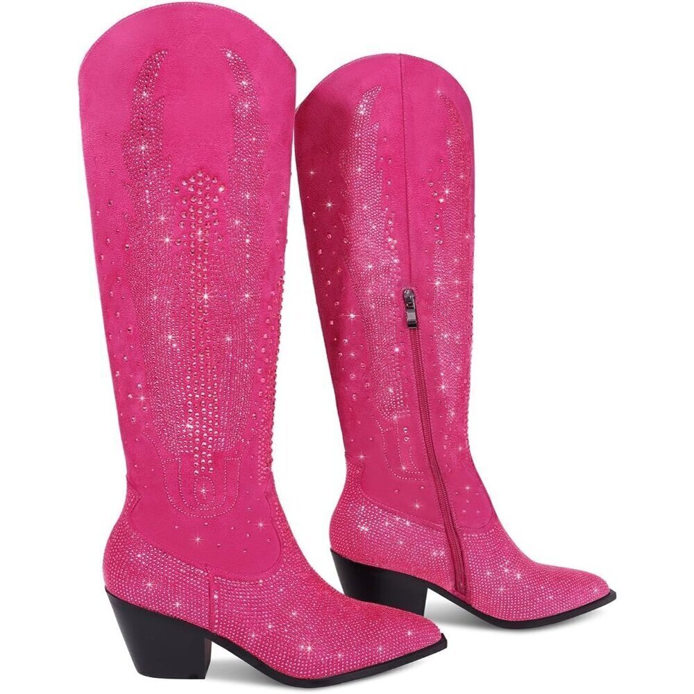 🆕Women Polyurethane Pink Knee High Rhinestone Bling Pointed Toe Cowgirl Western - Picture 4 of 6